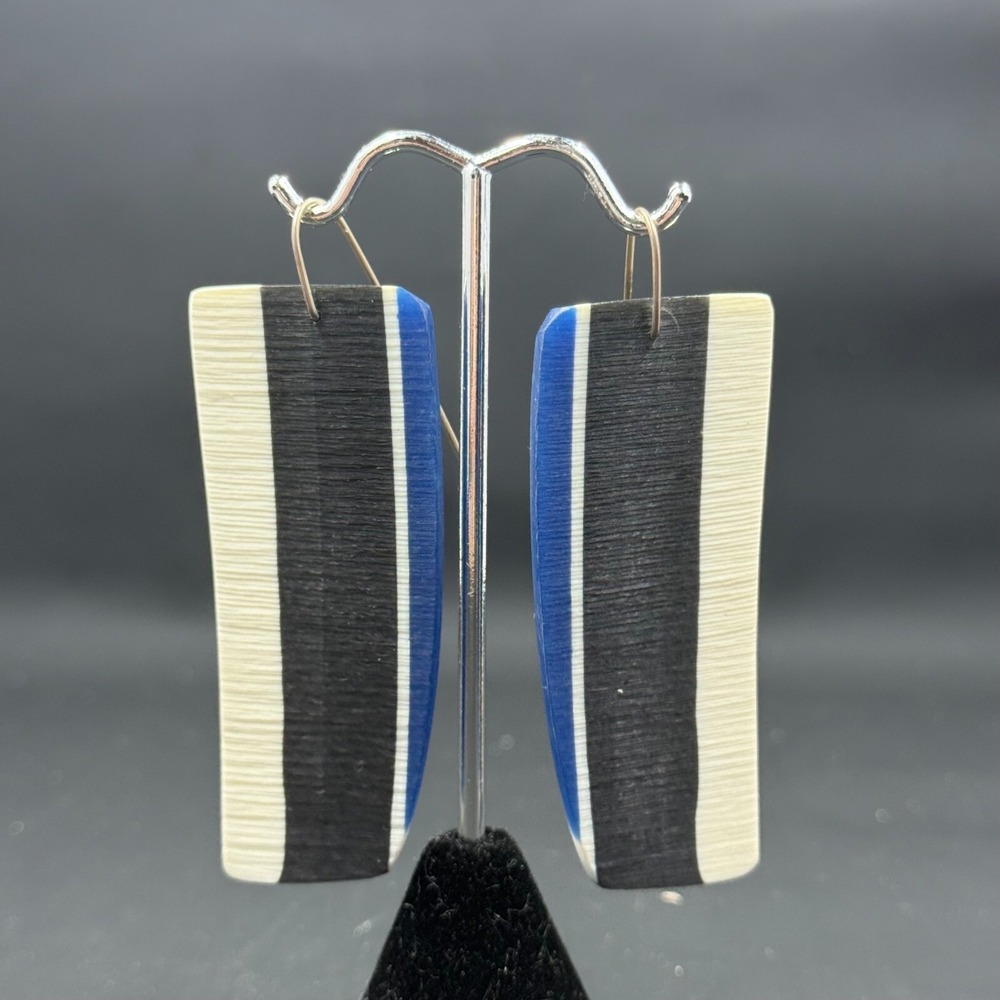Signed 2.5" Modernist Dangle‎ Earrings Blue White Black Stripes